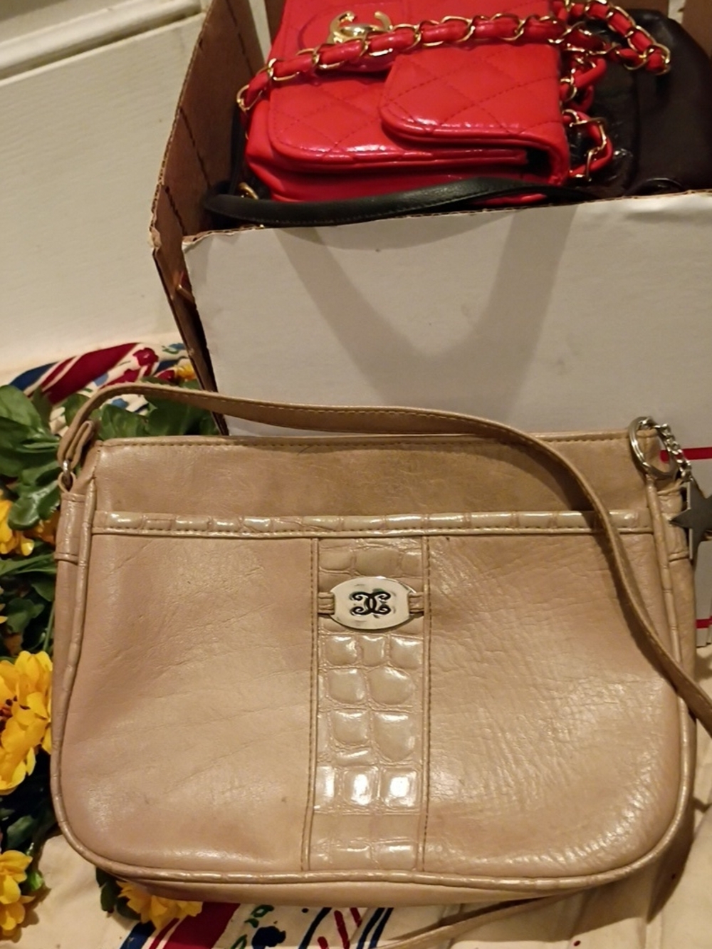 Women's Beige Leather Shoulder Bag with Croc-Accent and Turn-Lock Detail